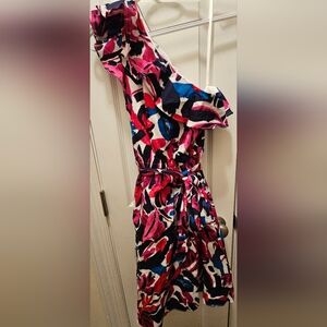 Donna Morgan multi printed one shoulder ruffle belted fit to flare dress